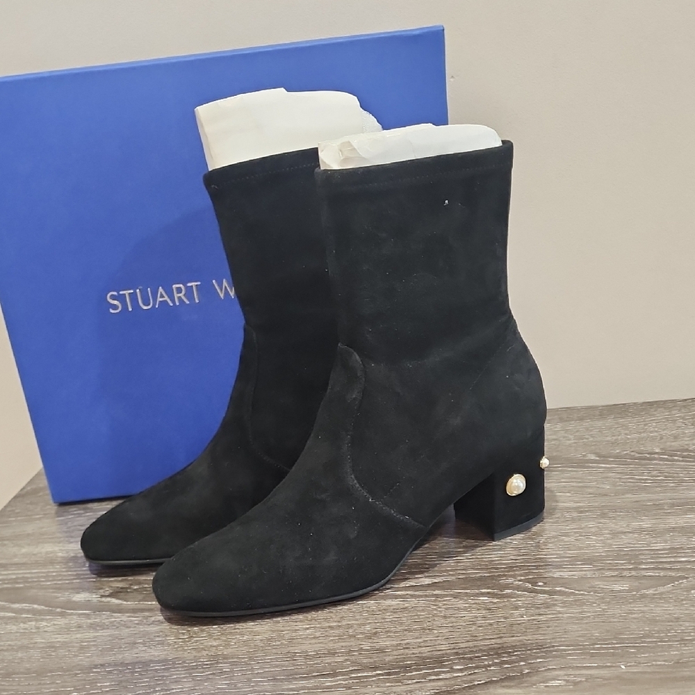 Stuart Weitzman Siggy Pearl Suede Sock Ankle Boots